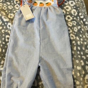 Blue and White Striped Kids One Piece with Pumpkin Design